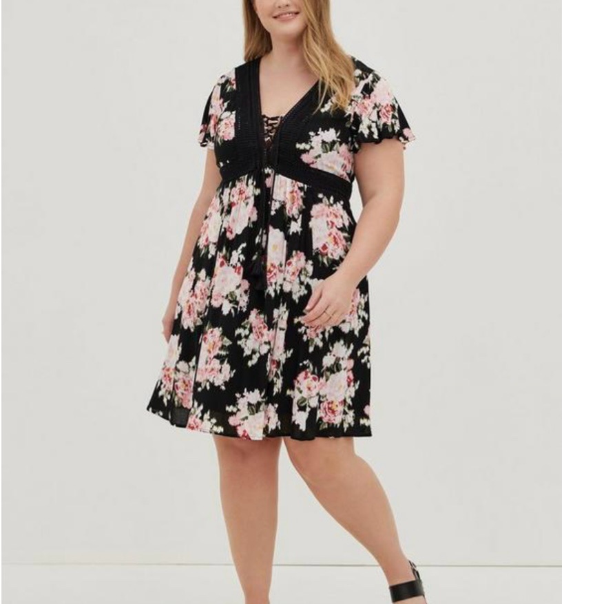 Torrid Black Pink Floral Crinkle Gauze Lace Up Tassels Flutter Sleeve Dress 2x